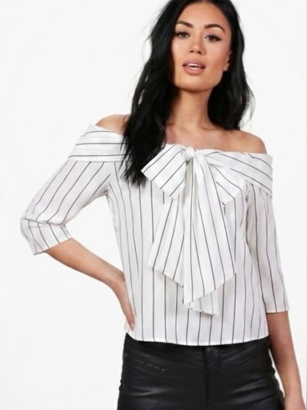 BOOHOO Off-the-Shoulder White Bow-Front Bernie Pinstripe Bow Bardot Blouse 4
